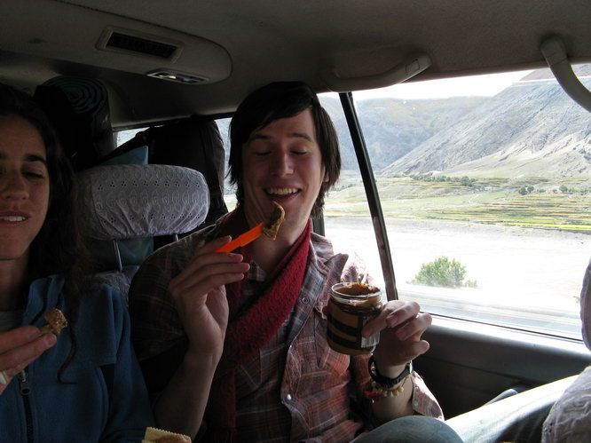 Humm.. I think that is Chocolate swirl skippy\'s peanut butter on a dairy queen knife. Josh\'s fellow car riders knew then they had gotten in the better car.